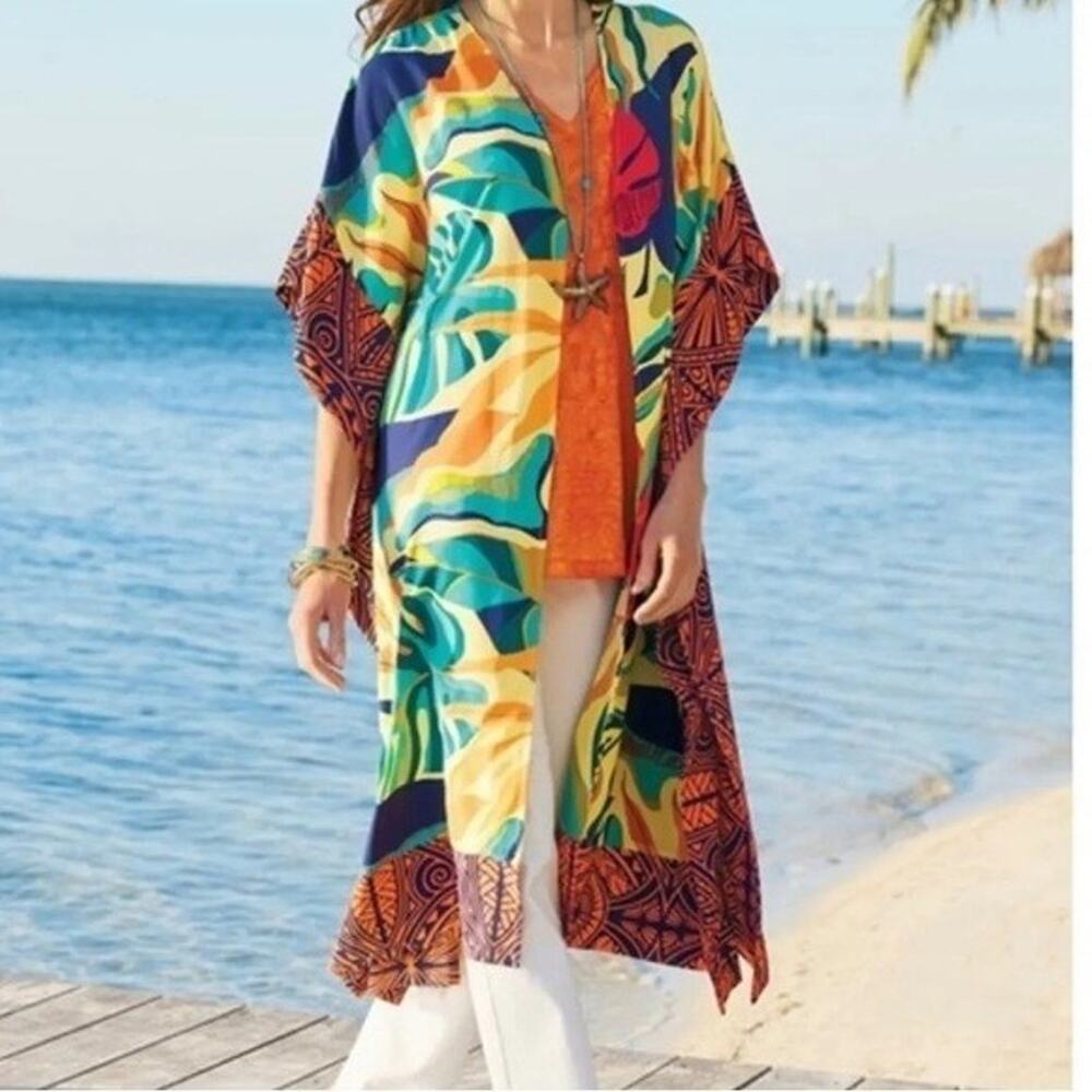 Soft Surroundings Tropical Longline Kimono Resort Coverup Beach Cardigan OS